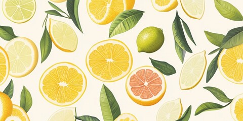 Citrus Fruits Seamless Pattern - Vibrant Lemon, Lime, Grapefruit Slice