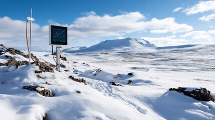 Remote weather monitoring station in a snowy landscape under a clear sky