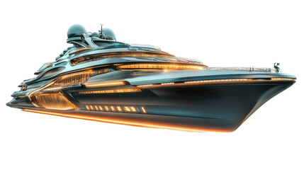 Futuristic yacht sailing on transparent background with illuminated windows