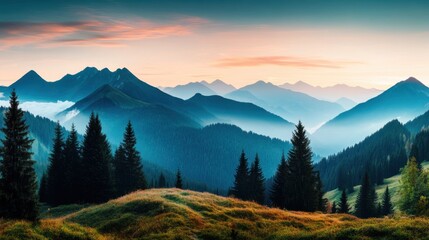 Fototapeta premium Breathtaking Sunrise Over Misty Mountains and Pine Forest in the Alpine Region, Capturing Nature's Splendor in Serene Landscape with Soft Colors