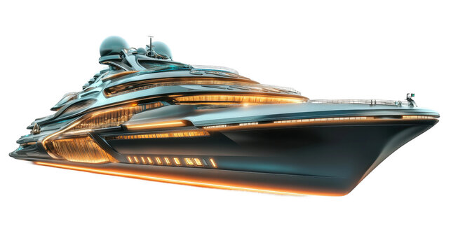 Futuristic yacht sailing on transparent background with illuminated windows