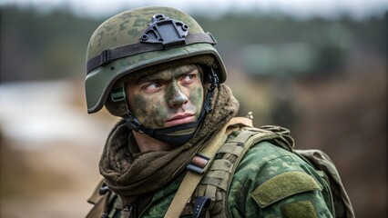 Naklejka premium Ukrainian soldier with camouflage make-up and helmet in military uniform
