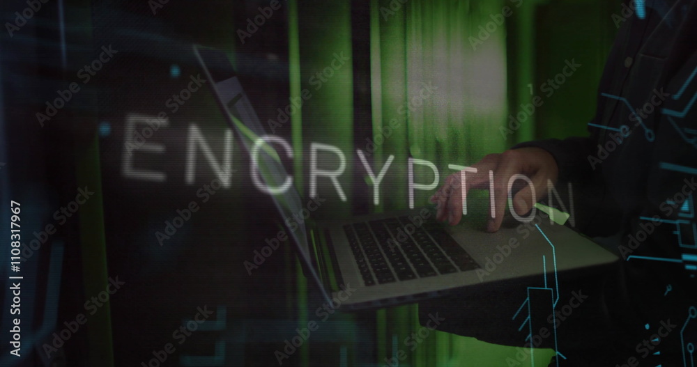 Poster image of encryption text over caucasian man using laptop in server room