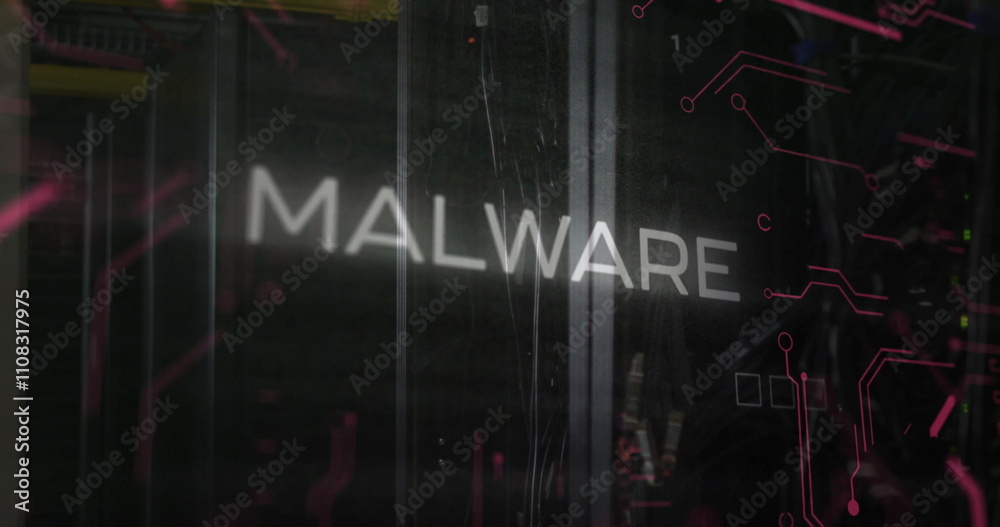 Poster image of malware text over data processing and server room
