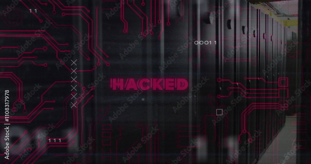 Poster image of hacked text over data processing and server room