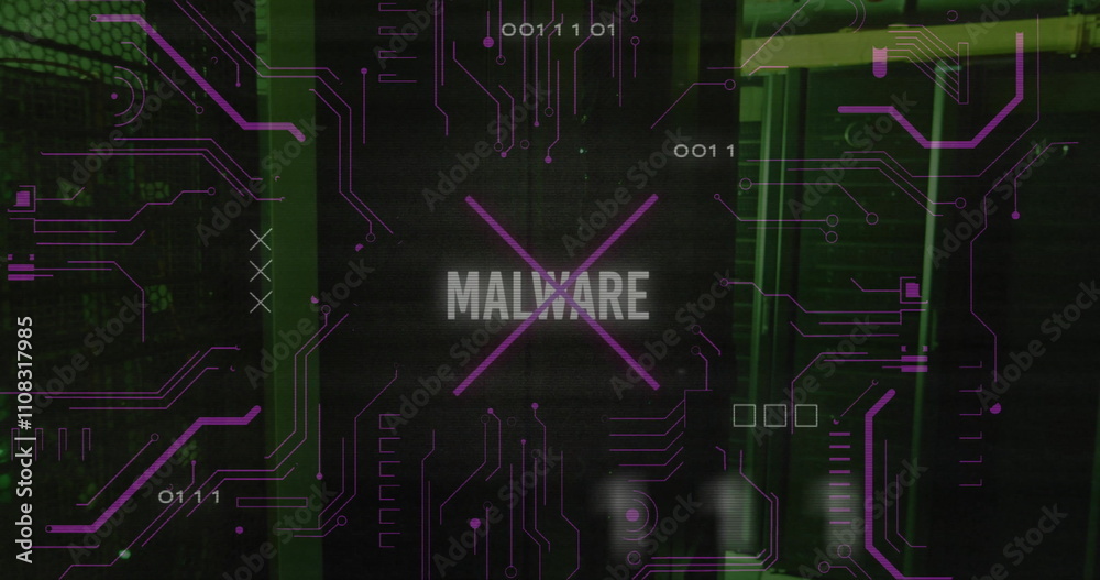 Poster image of malware text over data processing and server room