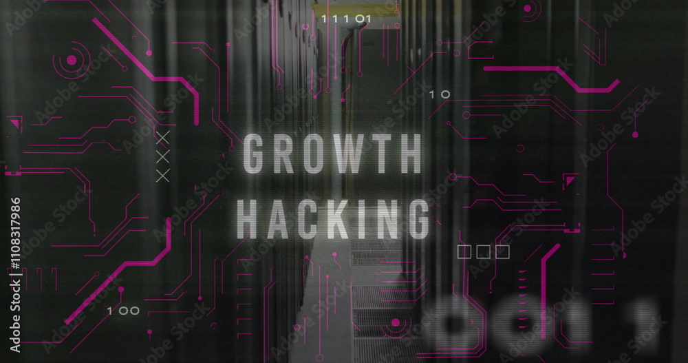 Poster image of growth hacking text over data processing and server room