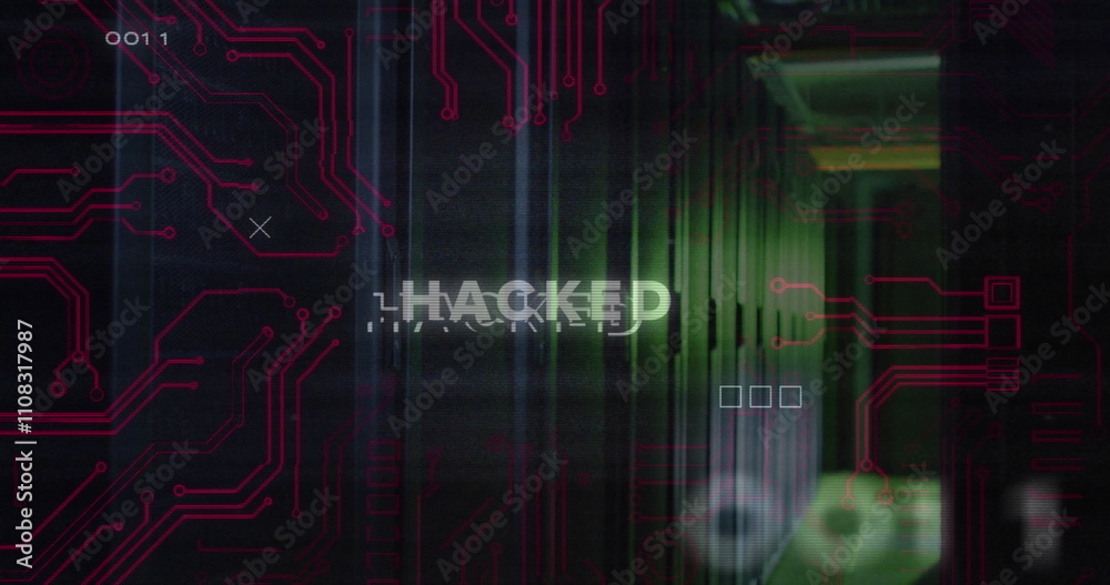 Poster image of hacked text over data processing and server room