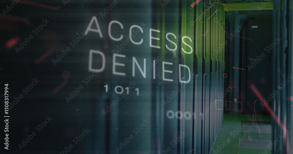 Poster image of access denied text over data processing and server room