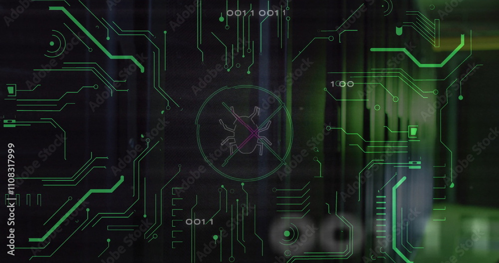 Poster image of bug icon over data processing and server room