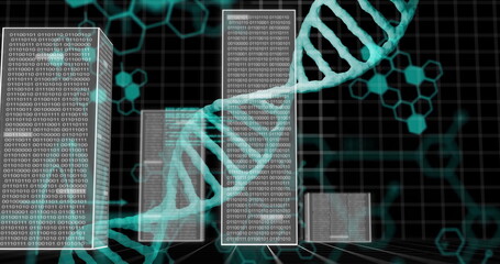 DNA strands and binary coding, scientific data processing image