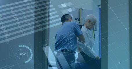 Image of financial data processing over diverse male doctor and senior female patient