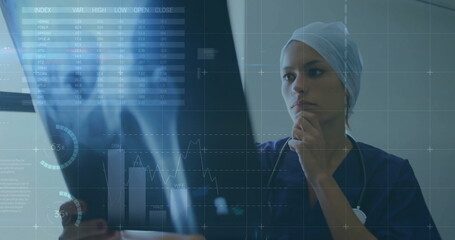 Image of financial data processing over caucasian female surgeon in hospital