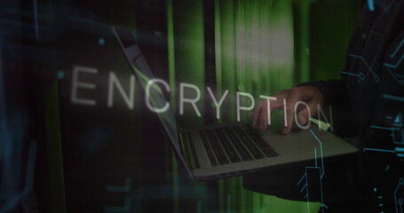 Image of encryption text over caucasian man using laptop in server room