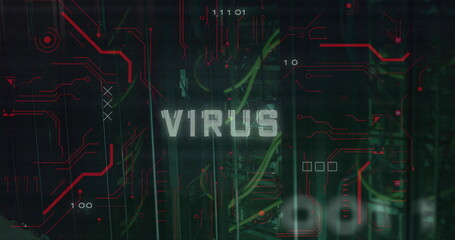 Image of virus text over data processing and server room