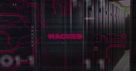 Image of hacked text over data processing and server room