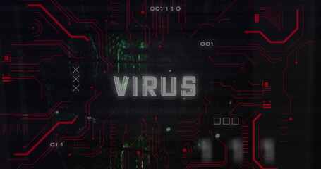 Image of virus text over data processing and server room