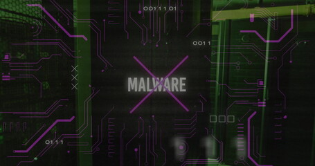 Image of malware text over data processing and server room