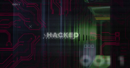 Image of hacked text over data processing and server room