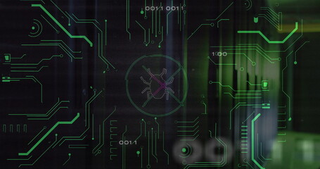 Image of bug icon over data processing and server room