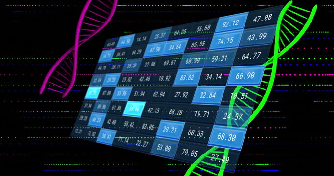 DNA strands and data processing image over digital grid with numbers