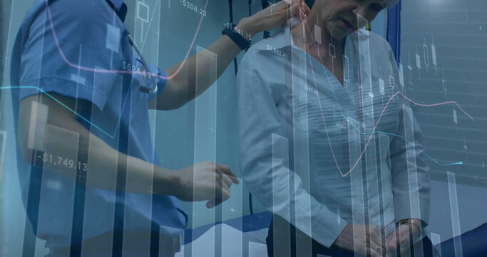 Image of financial data processing over diverse male doctor and senior female patient