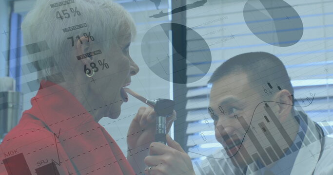 Image of financial data processing over diverse male doctor and senior female patient