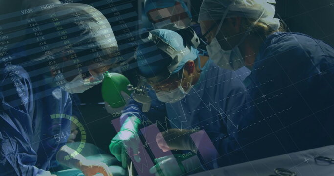 Image of financial data processing over diverse surgeons in hospital