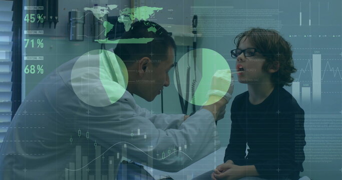 Image of financial data processing over diverse male doctor and boy patient - Powered by Adobe