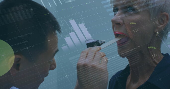 Image of financial data processing over diverse male doctor and senior female patient