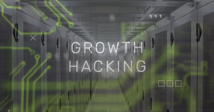 Image of growth hacking text over data processing and server room