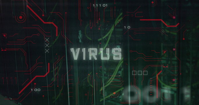 Image of virus text over data processing and server room