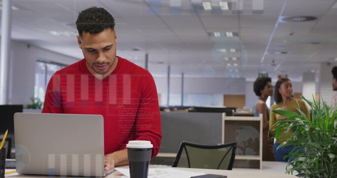 Image of financial data processing over biracial businessman using laptop in office