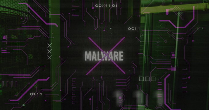 Image of malware text over data processing and server room