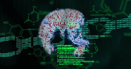 Image of globe and chain over data processing and chemical formula on black background