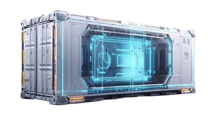 Futuristic metallic cargo container with glowing blue panels on transparent background
