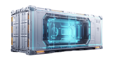 Futuristic metallic cargo container with glowing blue panels on transparent background
