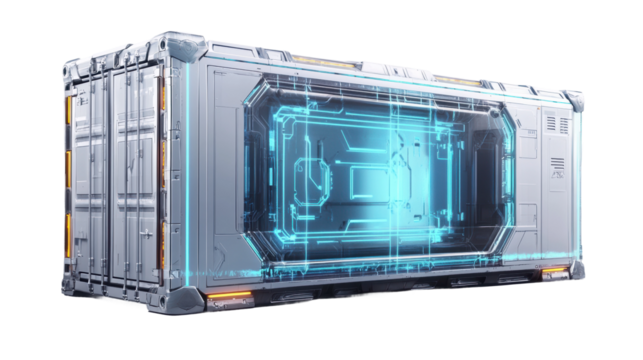 Futuristic metallic cargo container with glowing blue panels on transparent background