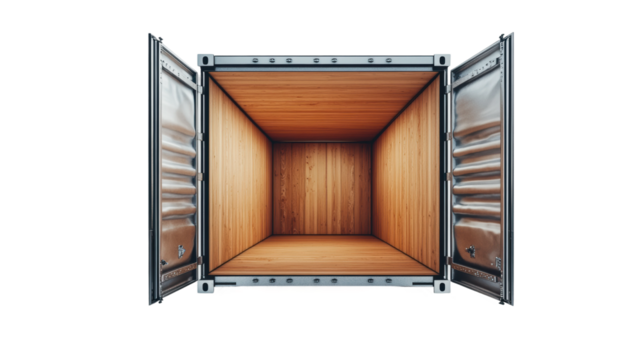 Open empty intermodal shipping container with wooden floor on transparent background - Powered by Adobe