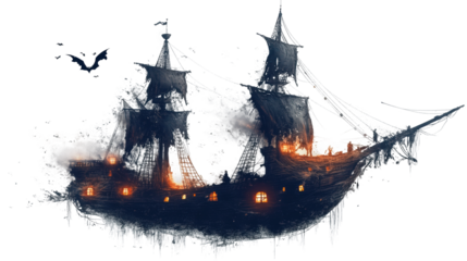 Ghostly pirate ship sailing through dark waters with bats flying above on transparent background