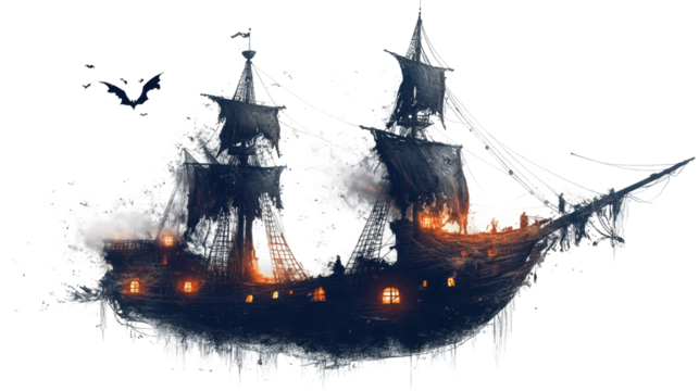 Ghostly pirate ship sailing through dark waters with bats flying above on transparent background