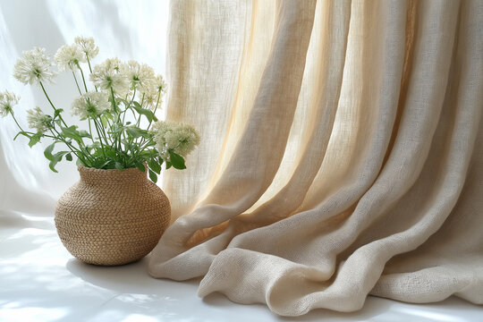  paire de rideaux en lin naturel, couleur beige, ambiance zen, cocooning, naturel,  d&eacute;coration, objet 3D r&eacute;aliste, HDR, photographie de studio, tendance