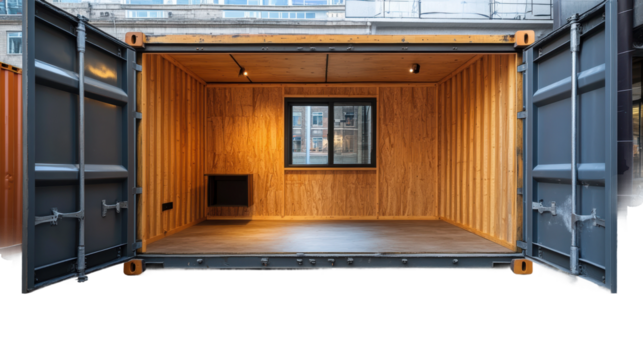 Converted shipping container showing modern tiny house with transparent background
