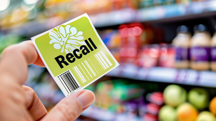 Hand holding a "Recall" sticker on a packaged food item, highlighting the importance of food safety and consumer protection in product management
