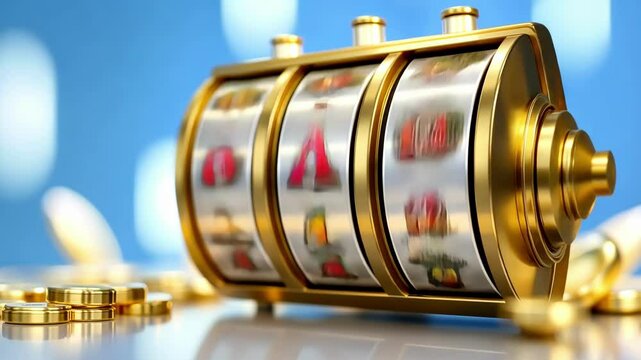 Golden slot machine displaying triple sevens for casino gaming and winning  luck concept