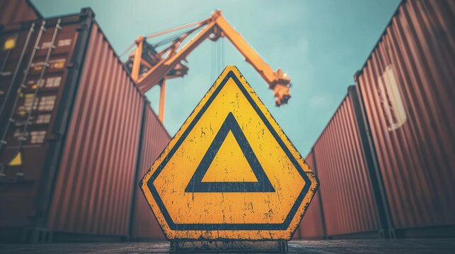Safety sign alerting workers in industrial shipping yard - urban environment close-up
