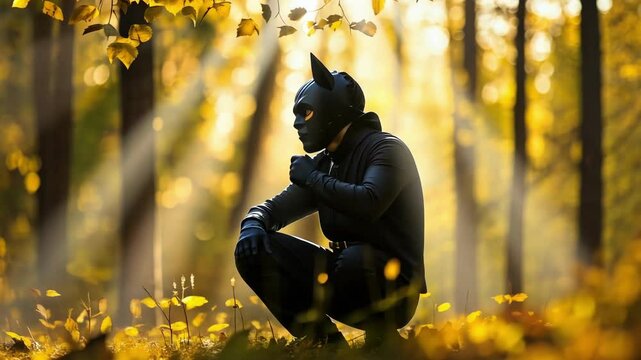 Teenage fantasy in forest: lone quadruped mimicking feline stealth in autumn woods