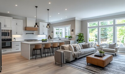 A practical and stylish open concept layout with a large island for casual dining