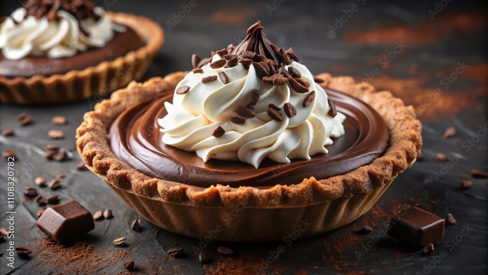 Poster a close-up view of a chocolate tart topped with whipped cream and chocolate shavings. the tart is on