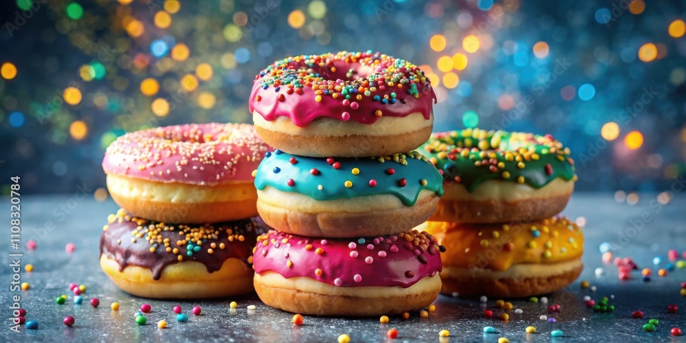 Poster A Stack of Colorful Donuts with Sprinkles and a Blurred Bokeh Background